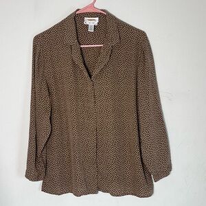 Vintage Talbots Brown Tan Polka Dot Silk Long Sleeve Button Up Shirt